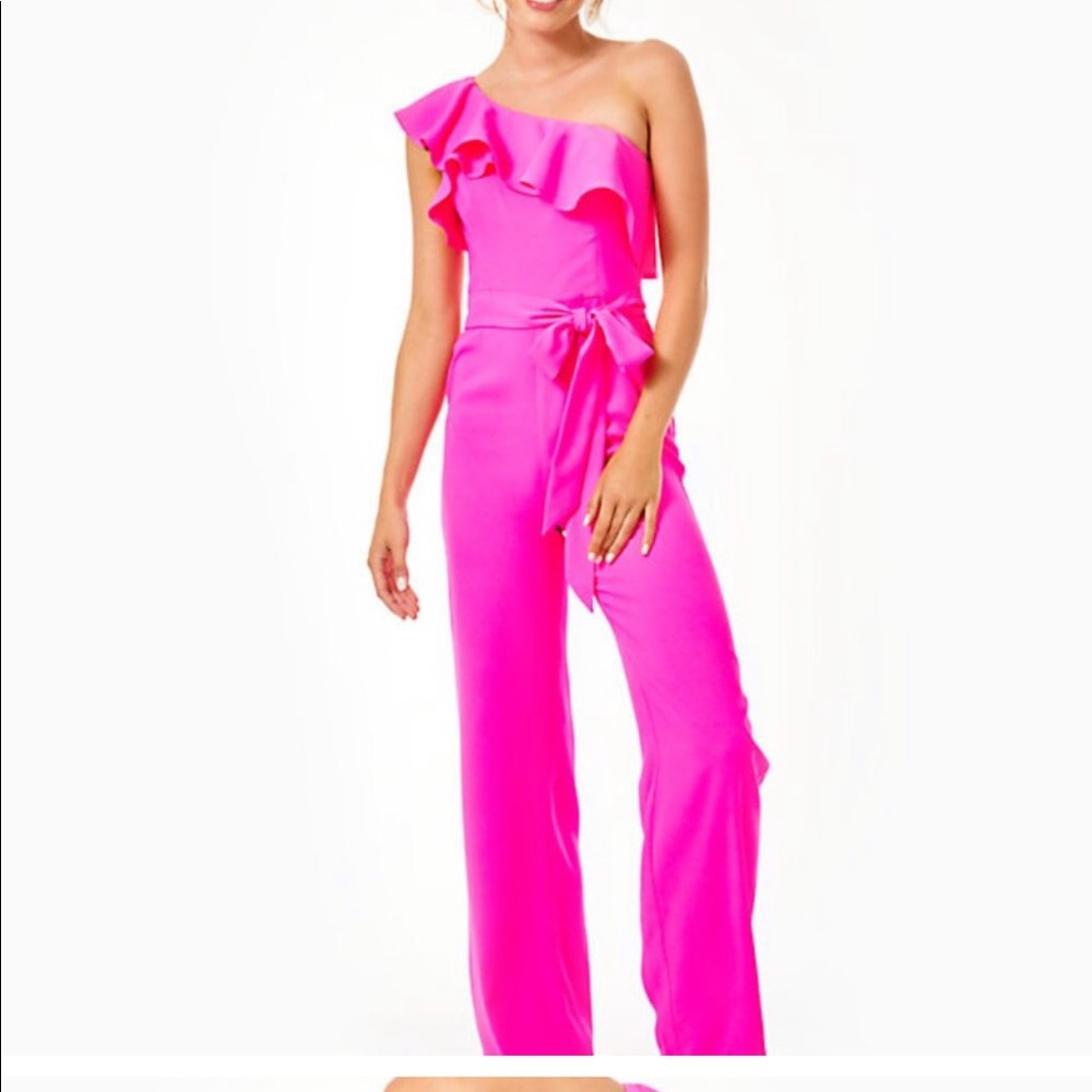 Lily Pulitzer Lyra Jumpsuit Hot Pink One Shoulder Ruffle